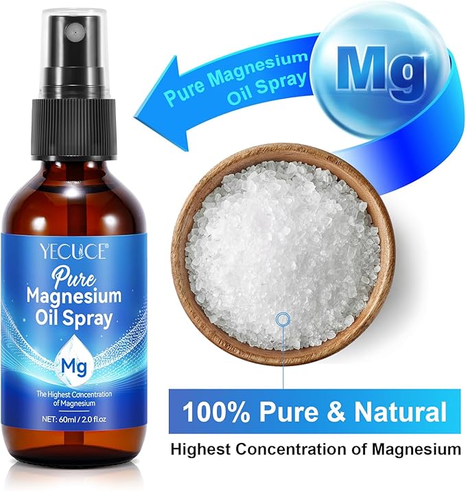 Magnesium Oil Spray, Pure Magnesium Spray for Feet, Magnesium Supplement Fast Absorbent for Leg, Muscle, Bone Health Supplement Topical (4 fl oz)
