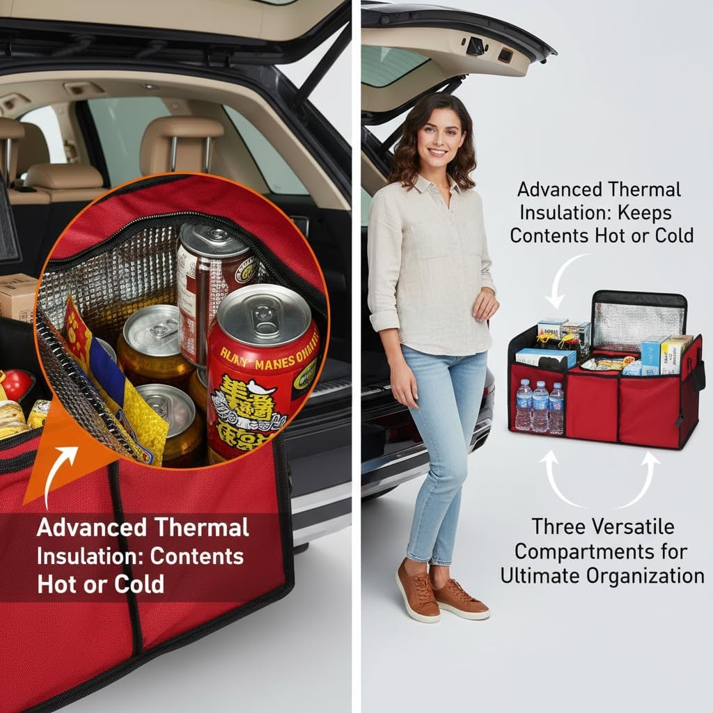 Vehicle Owners Red Collapsible Insulated Trunk Organizer 3-Compartment Car Cargo Storage Box Cooler for Groceries Camping & Road Trips All Season