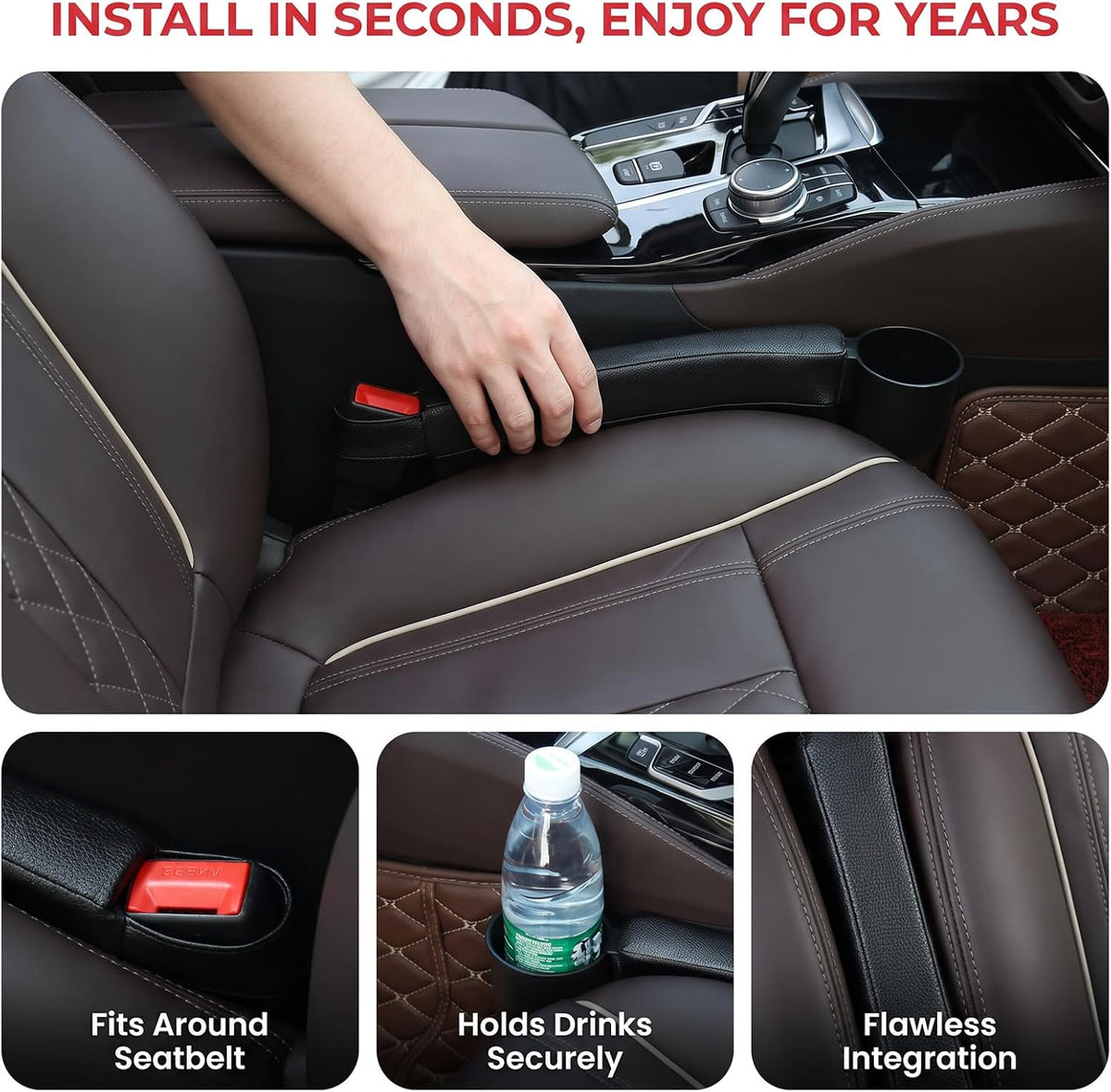 Tumecos Car Seat Gap Filler Pad PU Leather Console Side Pocket Organizer with One Cup Holder for Cellphone Wallet Coin Key 2 Pcs (Black+Black Surface)