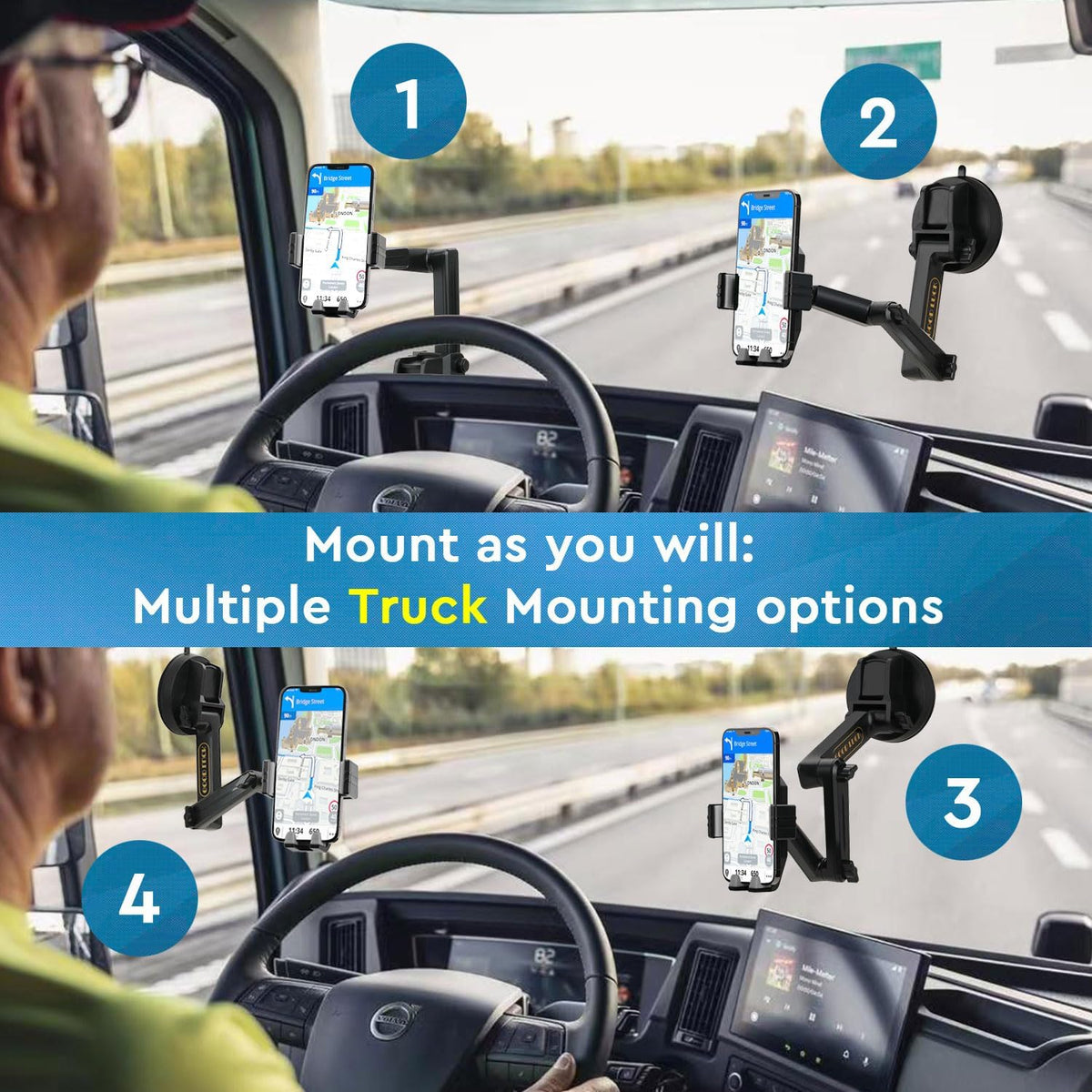 Phone Mount for Truck, Truck Phone Holder Mount Heavy Duty, Dashboard Windshield Phone Holder for Semi Truck, Suction Cup Phone Mount for Truck Accessories, Compatible with iPhone/Samsung