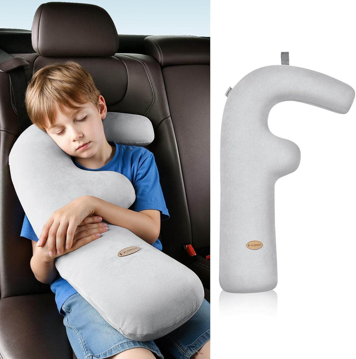 FLORICH Memory Foam Kids Travel Pillow, Car Sleeping Pillow, F-Shape Car Pillows for Adults and Children, Traveling Car Pillow for Kids with Removable Pillowcase (Grey)