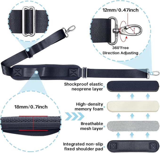 Heavy Duty Shoulder Strap for Bag Universal Replacement 58" Fixed Padded Adjustable Buckle