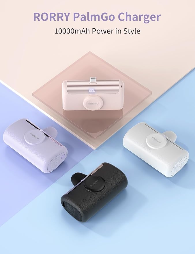 RORRY PalmGo Portable Charger, 10000mAh PD 22.5W Fast Charging Mini Power Bank with Built-in USB C Connector, 3-in-1 Battery Pack for iPhone 17/16/15 Pro/Max, Apple Watch Ultra/11/10/SE, iPad, Pink