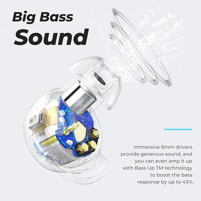 Tribit FlyBuds 3 Wireless Earbuds, 110H Playtime Bluetooth Headphones | IPX8 Waterproof, BT5.3, Deep Bass Sound Earphones, Custom EQ, Charging Case, Light Weight in-Ear Buds, Built-in Mic, White