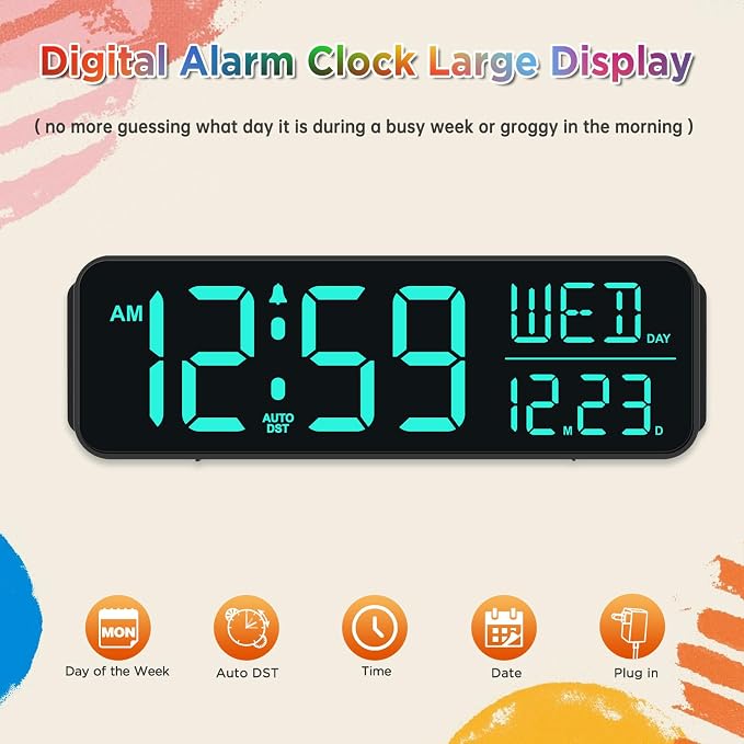 Peakeep Digital Alarm Clock for Bedrooms, Date Day of Week Large Display