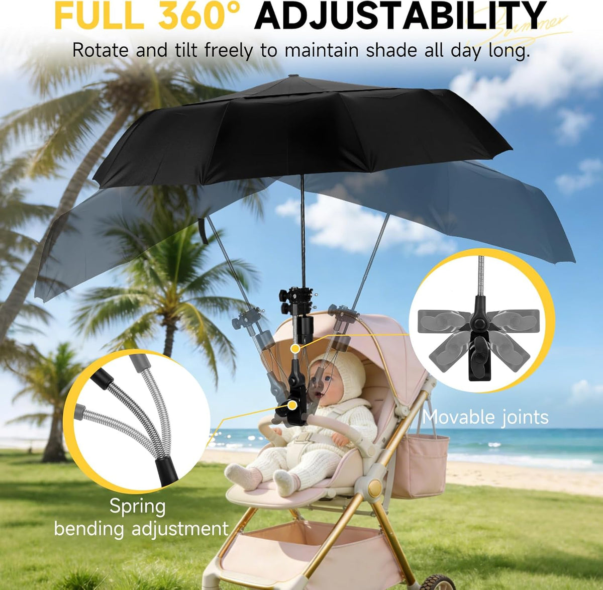 Skiennix Chair Umbrella - Double Canopy Sunshade with 360° Swivel & UPF 50+ Protection | 39.4in Clip-On for Beach, Camping, Stroller, Wheelchair, Golf Cart