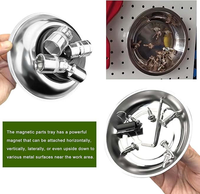 2 PCS Magnetic Tray Holders, Stainless Steel 3 Inch Round Parts Holder with Strong Magnet, Heavy Duty Thickened Parts Trays Organizer for Screws Bolts Pins Nuts Washers