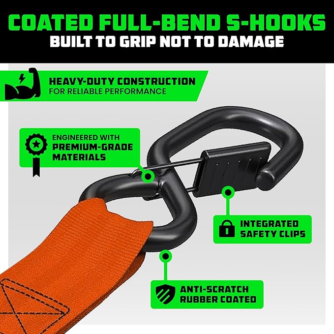 Rhino USA Ratchet Straps Heavy Duty Kit (4-Pack) - 1.6 Inch x 8 Feet Min Break Strength (5,000) - Ultimate Tie Down Straps with Safety S Hooks for Trucks, ATV, UTV, Motorcycle, Cargo & More - Orange