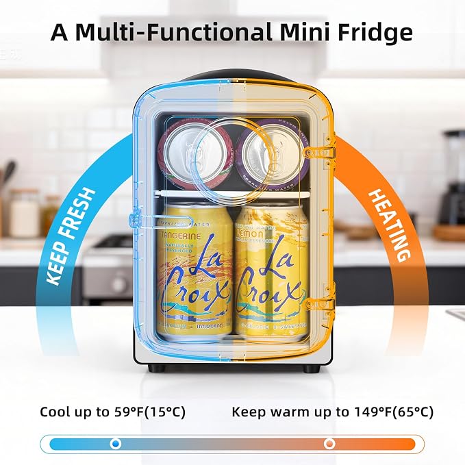 Antarctic Star Compact Mini Fridge, 4L Capacity/6 Cans Portable Cooler and Warmer Compact Refrigerator, for Bedroom,Car,Office and Dorm, Small Cooler and Warmer for Cosmetics, Beverage and Food, Black