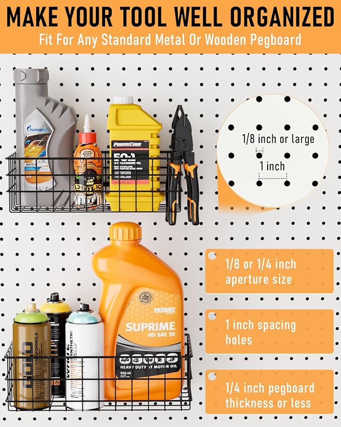 INCLY 4 Pack Pegboard Baskets Bins Set, 4 Size Square Style Black Metal Wire Basket for Any Peg Board Organizing Tools, Pegboard Accessories for Workbench Garage Wall Storage Attachments