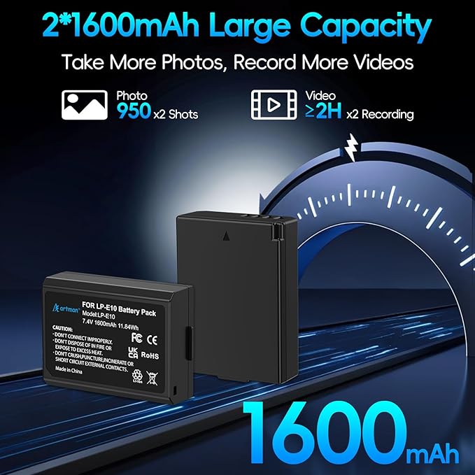Artman LP-E10 Battery 2-Pack 1600mAh and Rapid Dual LP E10 Battery Charger