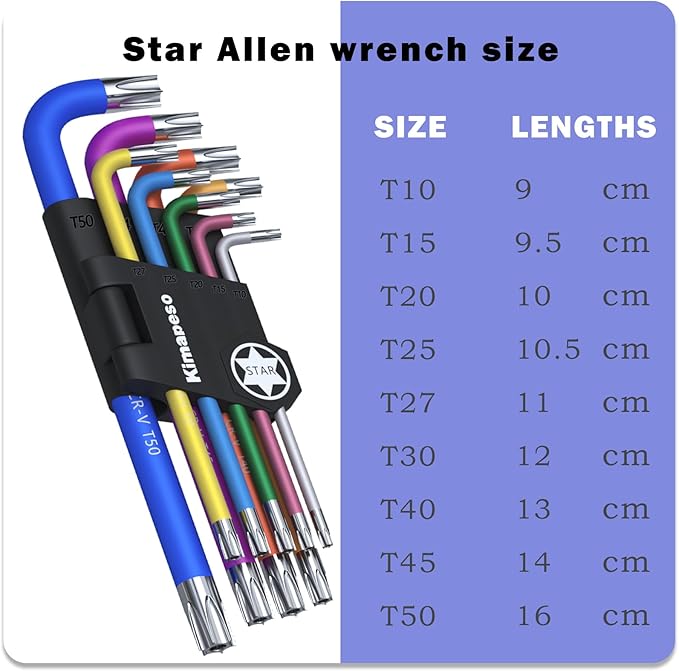 9 PCS Torx Allen Wrench Set Star Allen Key Tools Colored Star Key Set Precision Size Markings T10, T15, T20, T25, T27, T30, T40, T45, T50 for Bike and Household DIY Projects