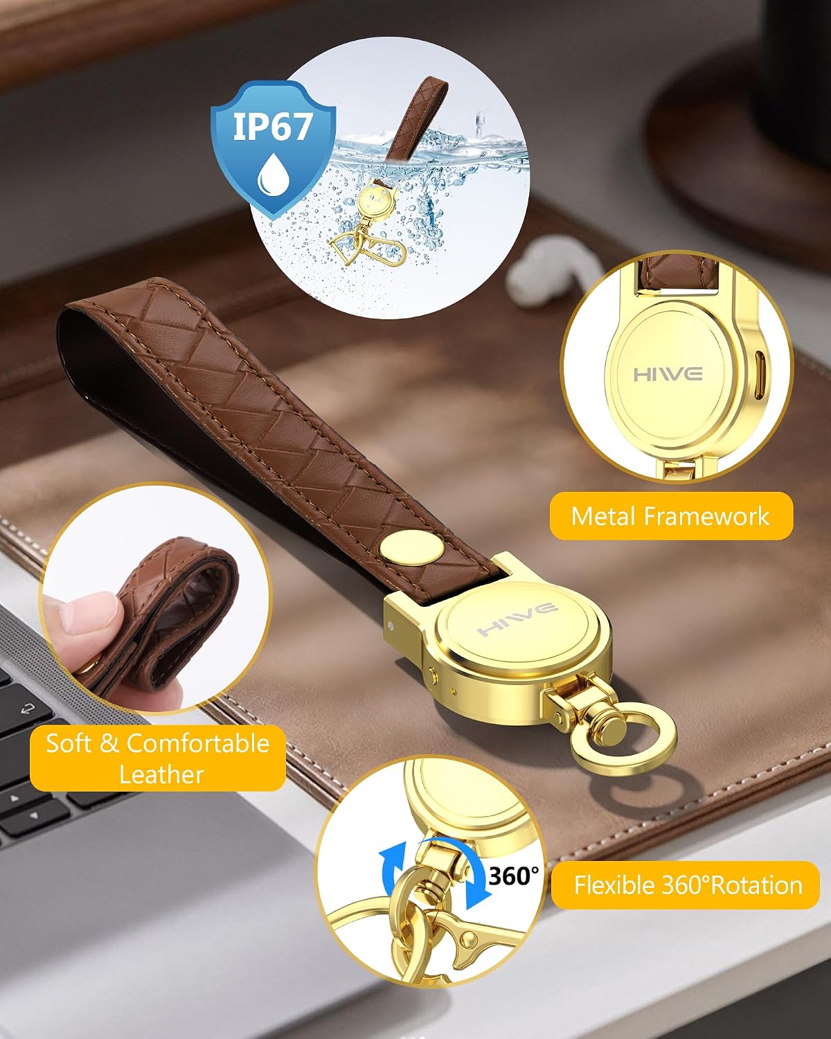 HiWe Anti-Lost Keychain, Works with Apple Find My, Carabiner Car Key Holder with Texture Leather Strap, Bluetooth Key Finder Tracker, USB-C Rechargeable, Brown