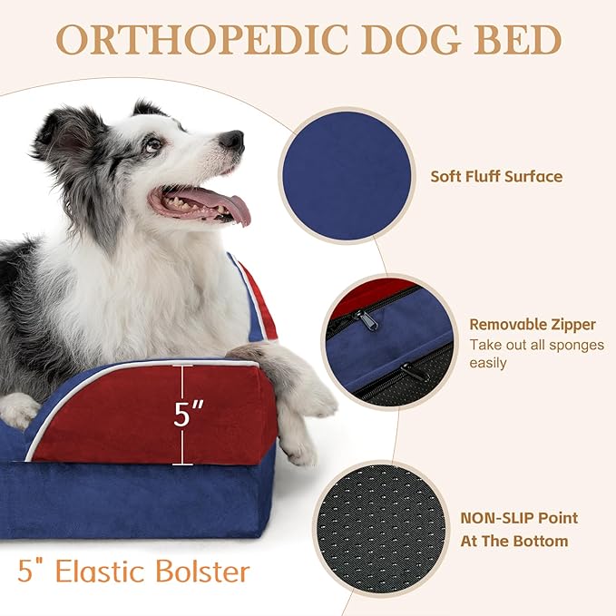 Comfort Expression Orthopedic Dog Bed for Extra Large Dogs 45x35 Inch, Waterproof Egg Crate Foam XL Pet Bed with Removable Bolsters, Dog Couch with Washable Cover & Non-Slip Bottom, American Flag 4