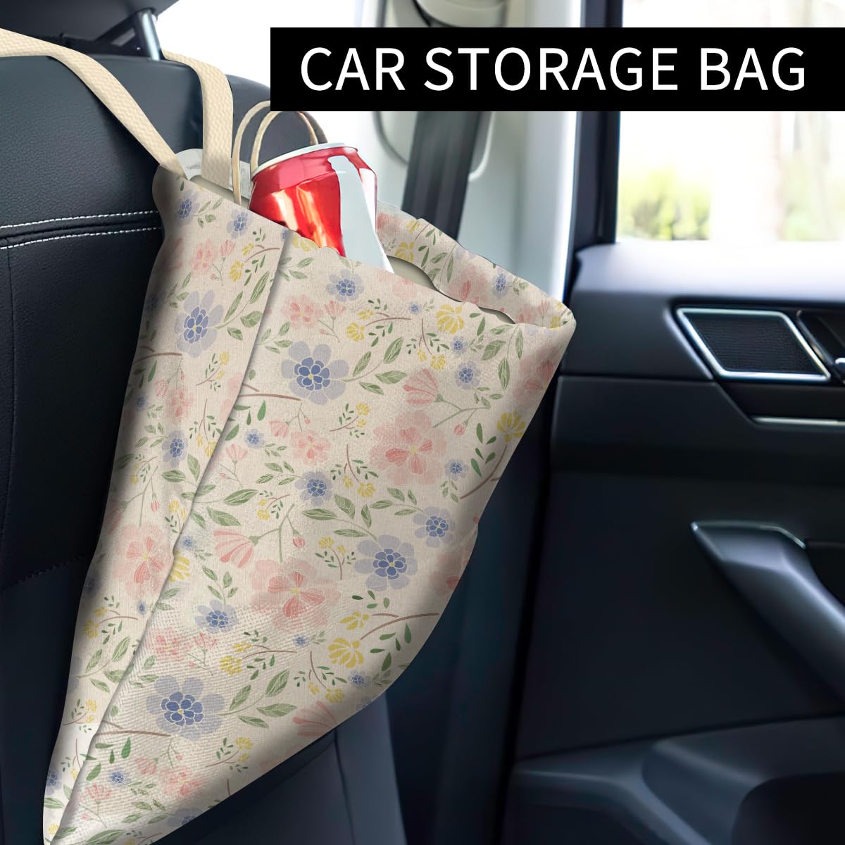 Car Trash Can, Cute Car Trash Bag, Hanging Car Organizer and Storage Bag, Trash Bin for Car Accessories, Vehicle, Travelling, Camping Cute Pastel Floral