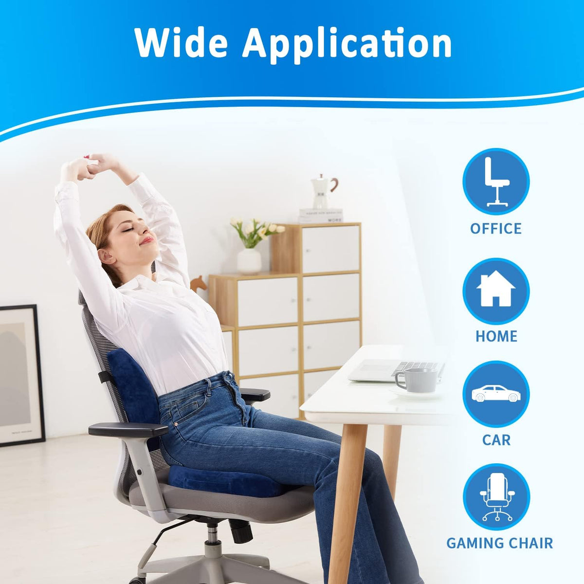 SAIREIDER Chair Cushion and Lumbar Support Pillow for Office Chair, Car Seat Cushions Back Support Pillows, Memory Foam Chair Support for Back&Lumbar, Relieve Tailbone Pain and Sciatica (Blue)