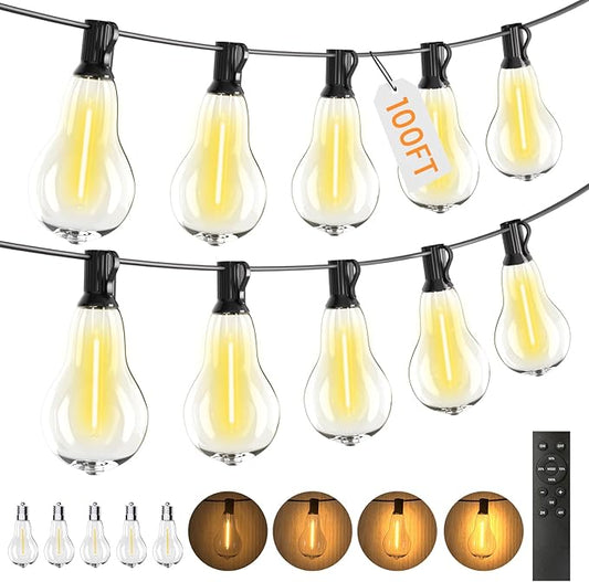 Patio Lights, 100FT Patio Lights with 64+5 Bulbs(1.5FT Bulbs Spacing), Outdoor String Lights, Remote & Dimmer, 3 Mode Light & Timing, 65PC Mounting Ties for Outside, 2200K (Black)