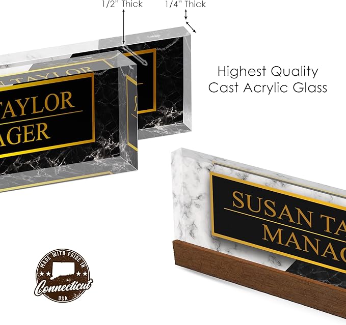 Artblox Personalized Office Desk Name Plate and Business Card Holder | Clear Acrylic Glass with Teak Wood Stand | Black White Marble Design Customized with Your Name and Credentials Office Desk Decor
