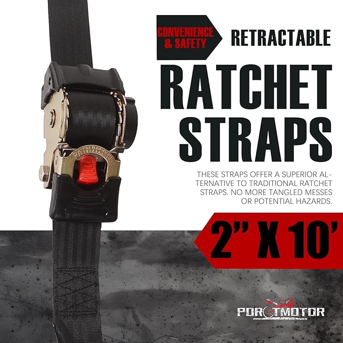 2 Pack Retractable Ratchet Straps (2" × 10'), 3000LBS Break Strength Self Retracting Ratchet Straps Heavy Duty Retractable Tie Down Straps for Motorcycle, Trailers, Boats, ATVs, UTVs