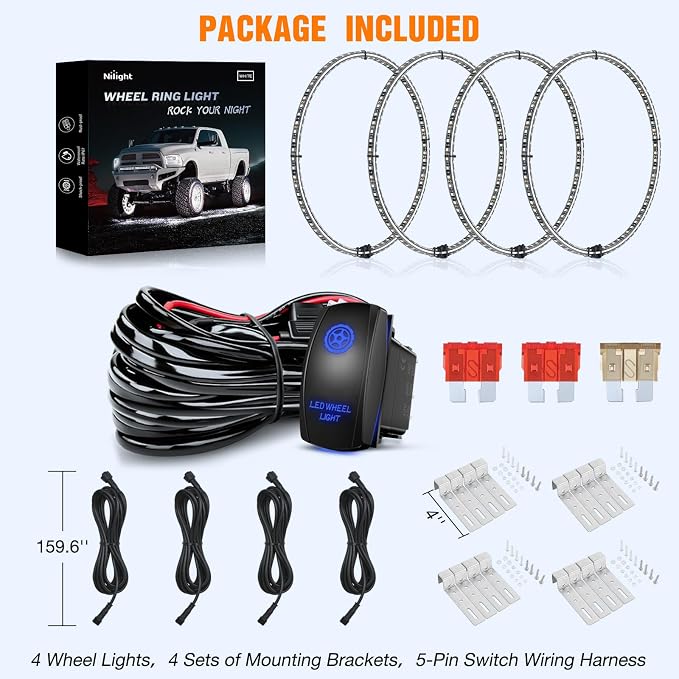 Nilight 4PCS 15.5inch Double Row LED Wheel Ring Lights Pure White