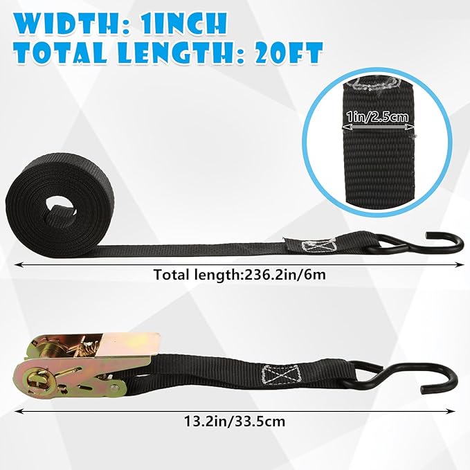 6 Pcs 1 Inch Ratchet Straps Heavy Duty 20ft Tie Down Strap Ratchet with Hooks, 2200 LBS Break Strength, Black Cargo Ratchet Straps for Motorcycle Straps Tie Downs, Appliances, Equipment