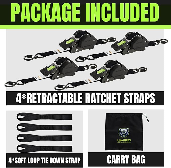 Retractable Ratchet Straps, 4-Pack, 1 Inch x 12 Feet Heavy Duty Tie Downs, 1760lb Break Strength, Self Retracting for Truck, Cargo, Trailer, Motorcycle, ATV, UTV (Black-Green, 4pack)