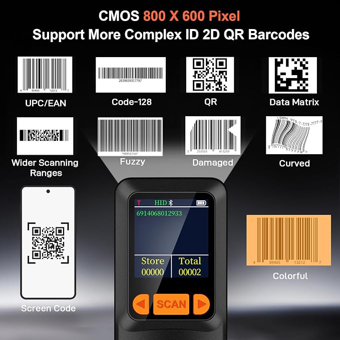 KUIIYER Mini Bluetooth Barcode Scanner, Wireless 2D QR 1D Bar Code Scanners