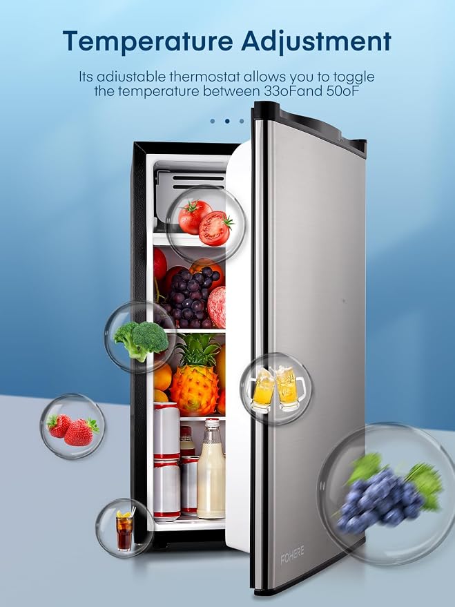 FOHERE 3.2 Cu. Ft Small Refrigerator with Freezer, Compact Mini Fridge with 7 Level Temperature Control, Removable Glass Shelves for Bedroom, Office, Dorm, Stainless Steel, BC-90U-E