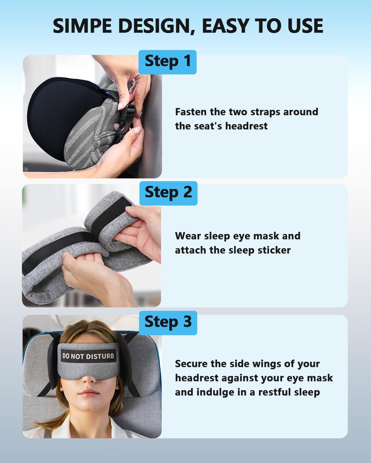 Travel Pillows for Airplanes, Airplane Head Strap with Eye Mask for Long Flight Sleeping Travel, 360° Support Neck Pillow for Plane Car Road Trips Seat Sleep, No Head Waving (White)