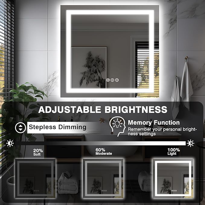 36"x36" Square LED Bathroom Mirror (Front and Backlit), Anti-Fog Vanity Mirror with Lights, Stepless 3 Colors Dimmable Smart Lighted Mirror(Horizontal/Vertical)