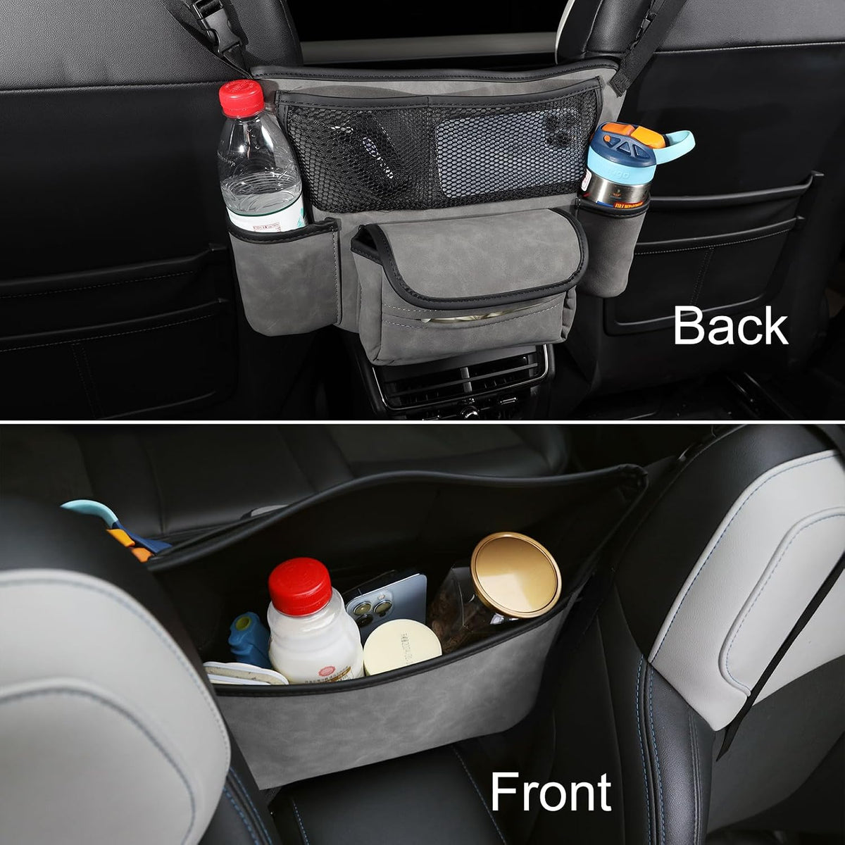 Leather Car Seat Organizer for Handbag/Purse – Fits Between Front Seats, Holds Wallet, Phone & Essentials. (Modle A/Grey)