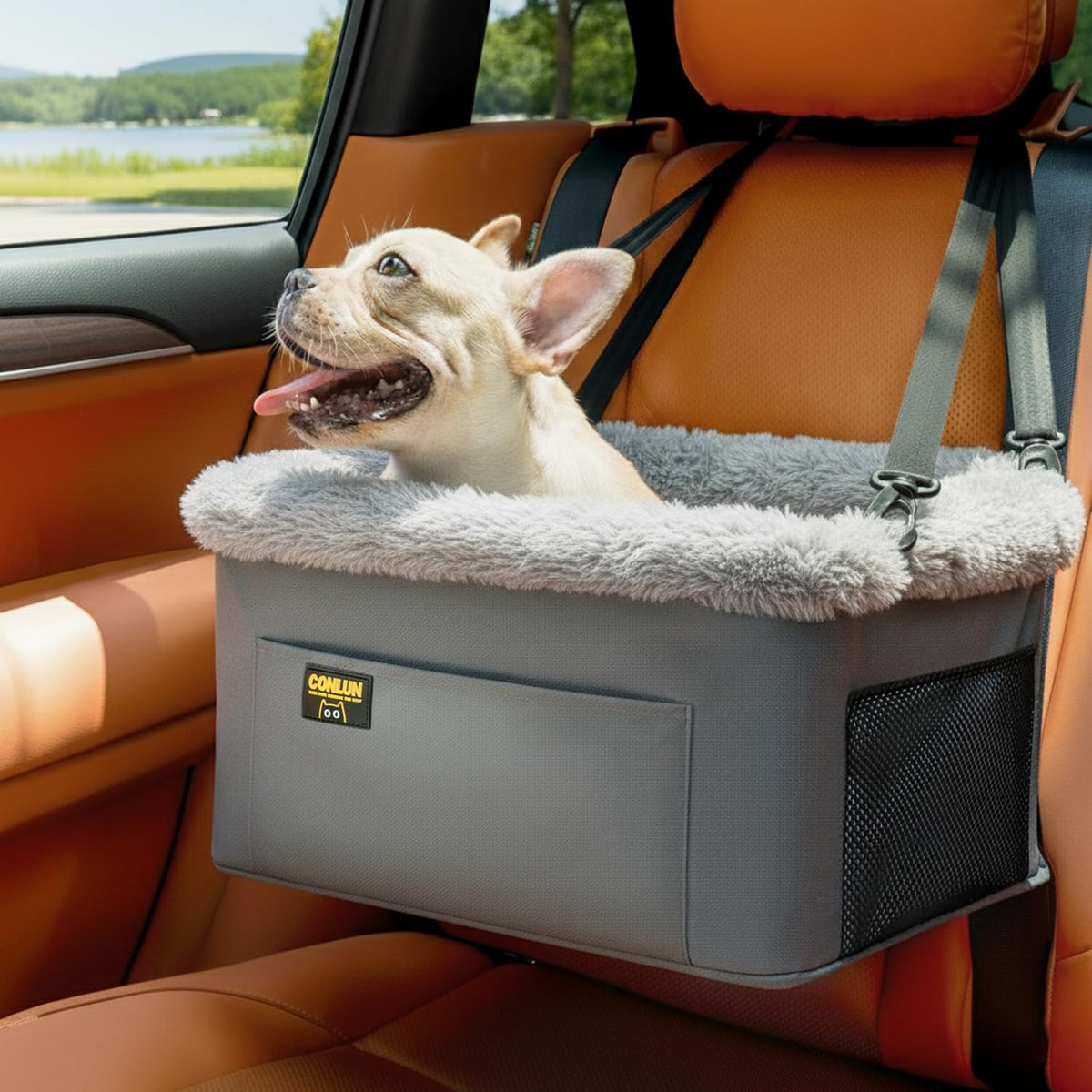 Conlun Dog Car Seat Booster for Small Pet Under 20lbs, Portable Travel Puppy Car Seat with Internal Steel Frame, Comfort Cushion & Storage Pockets, Adjustable Straps Fit Most Cars, Grey