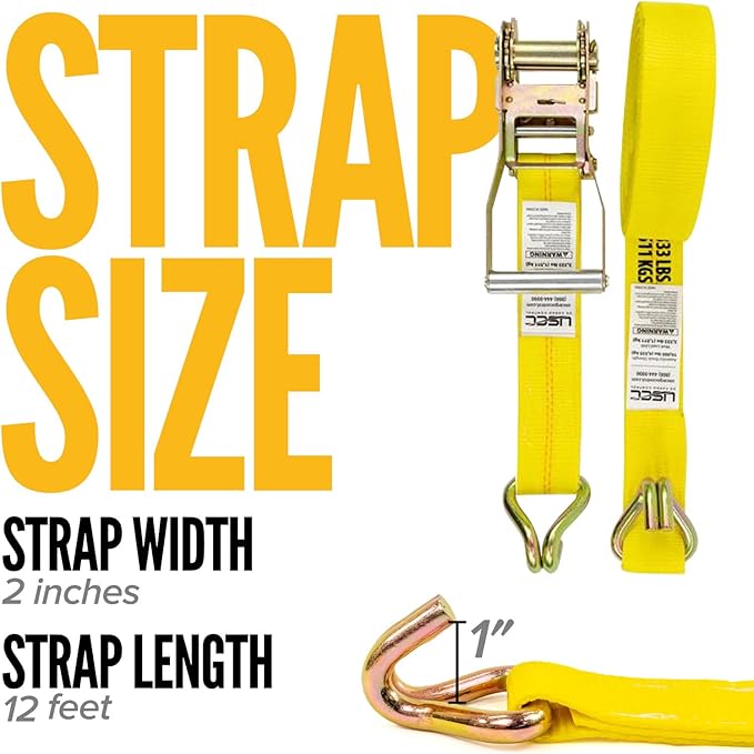 US Cargo Control Wire Hook Ratchet Straps 2 Inch x 12 Foot (14-Pack), 10,000 LBS Break Strength, Ratchet Straps Heavy Duty with Double J Hooks, Cargo Tie Downs for Flatbed Trailers and Trucks