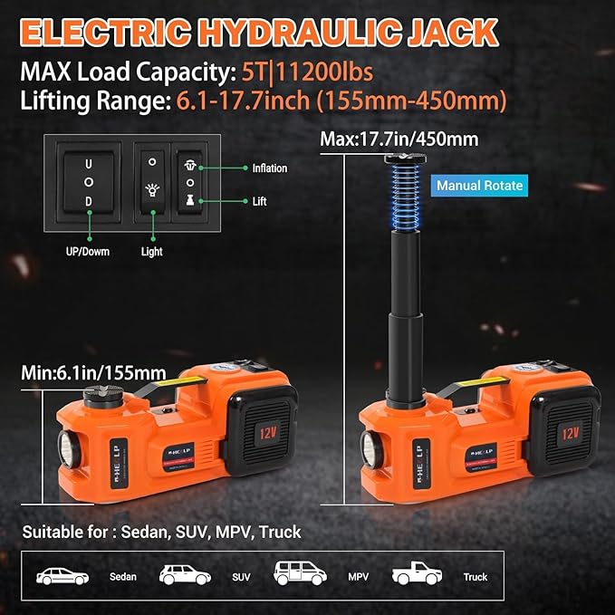 E-HEELP Electric Car Jack Kit 5Ton 12V Hydraulic Car Jack Lift (Lifting Range: 6.1~17.7 inch) with Electric Impact Wrench for SUV MPV Sedan Truck Change Tires Garage Repair