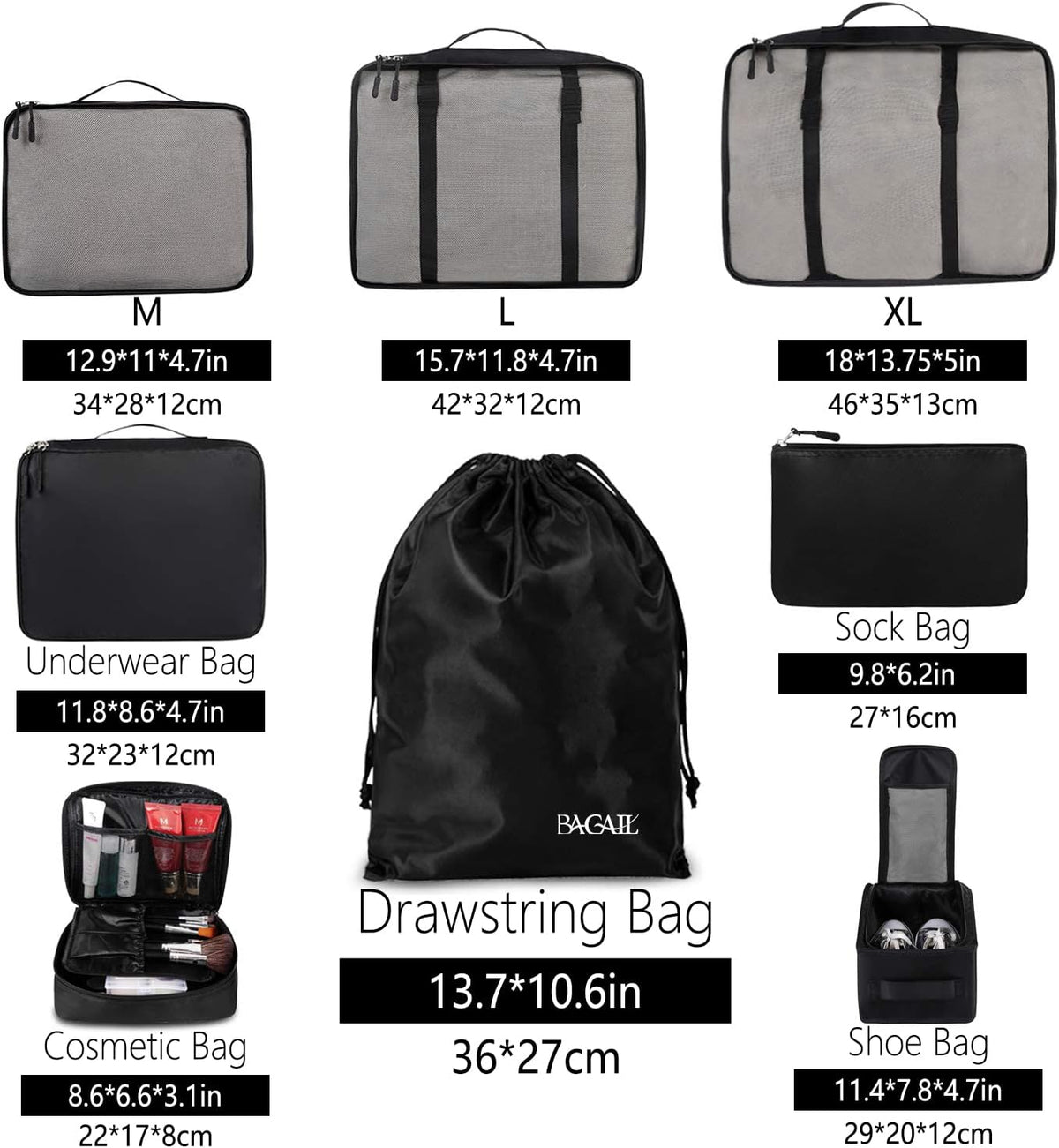BAGAIL 8 Set Packing Cubes Luggage Packing Organizers for Travel Accessories-Jet Black
