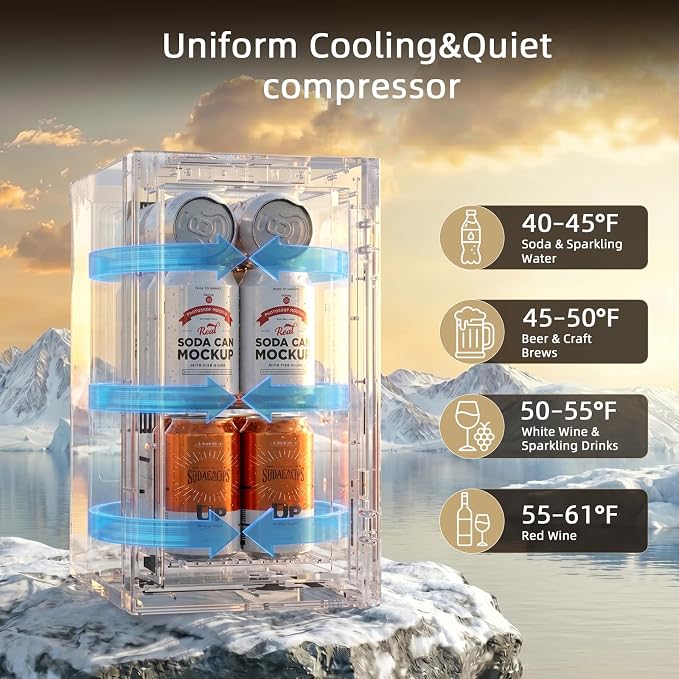 Antarctic Star Beverage Refrigerator, 10L Portable mini fridge with Electronic Temperature Control, 40-61°F Glass Door, Small Drink Fridge for Bedroom, Dorm, Office, Bar & Kitchen