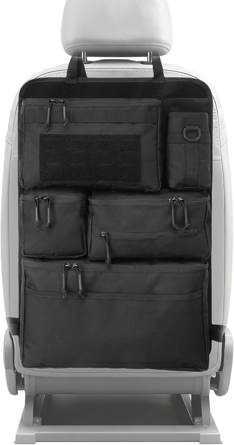 One-Piece Universal Car Seat Back Organizer with Tissue & Water Bottle Bag | Tactical Molle Car Backseat Organizer, Multi Separate Storage Compartments,for Car Truck Pickups SUVs
