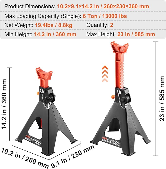 VEVOR Jack Stands, 6 Ton (13,000 lbs) Capacity Car Jack Stands Double Locking, 14.2-23 inch Adjustable Height, for Lifting SUV, Pickup Truck, Car and UTV/ATV, Red, 1 Pair