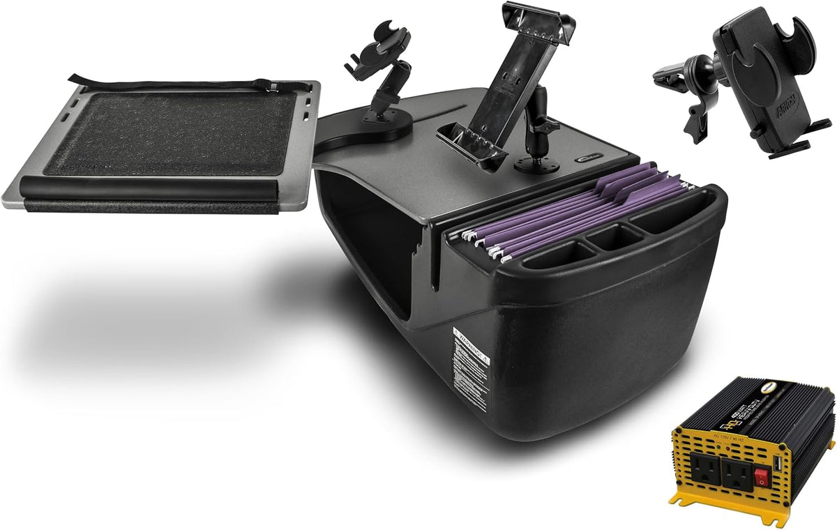 AutoExec Reach Desk Front Seat Car Desk and Portable Workstation 400 watt Power Inverter, Phone Mount, Tablet Mount and Phone Vent Clip, Grey