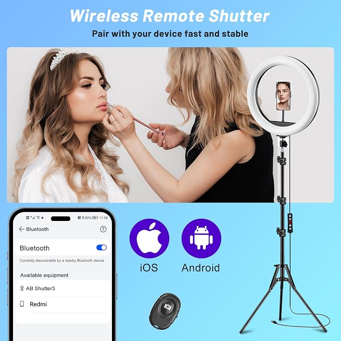 12'' Ring Light with Stand 75'' Tall & Phone Holder, 100+ Color Modes Selfie