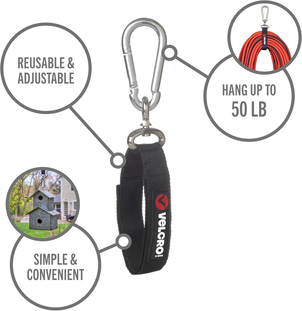 VELCRO Brand Easy Hang Strap - Carabiner Clip for Water Bottles & Accessories | Extra Small, Black
