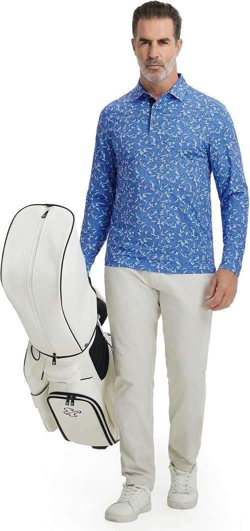 M MAELREG Golf Shirts for Men - Moisture-Wicking Performance Polo | Casual Print Long Sleeve