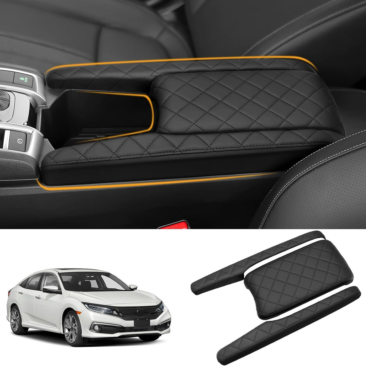 3PCS Center Console Cover Compatible with Honda Civic 2016-2021 LX/Sport/EX/Si/Touring Accessories Leather Armrest Cover Center Console Side Covers