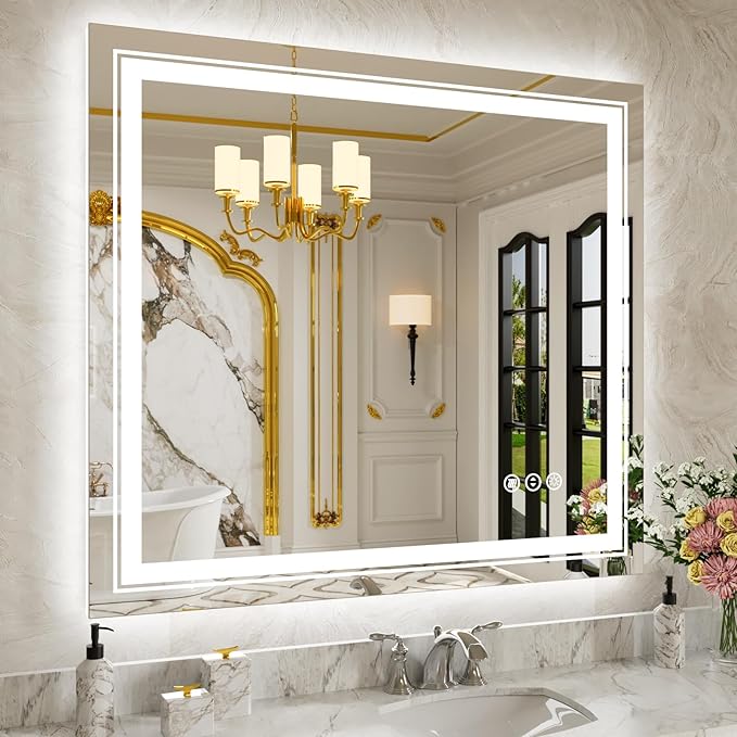 WTTY LED Bathroom Mirror 40"x36" with Back and Front Light,Modern LED Mirror for Bathroom,Stepless Dimmable Lighted Bathroom Vanity Mirror with Anti-Fog,Memory Function,Shatter-Proof