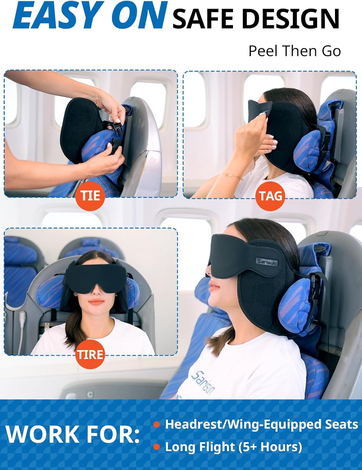 SARISUN Upgraded Travel Pillow, U-Shaped Airplane Head Strap for All Heights, 360° Support, 3D Sleep Mask, 100% Light Blocking, Long Flights Essentials Headrest, Stop Bobblehead, Black