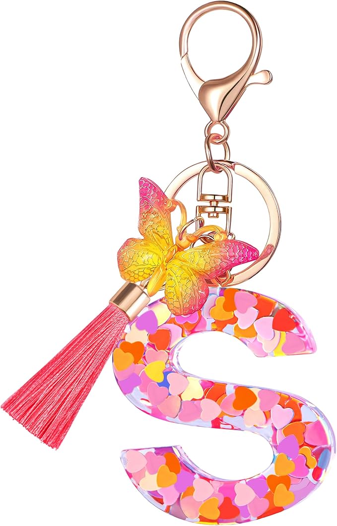 Suweibuke Colourful Cute Initial Letter Keychains for Women Girls with Tassel Butterfly, Charm for Purse Handbags Backpacks