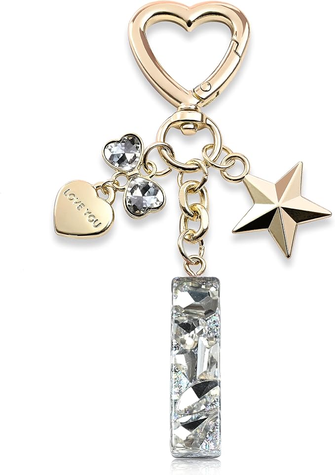 Cute Bling Keychain initial Letter Butterfly Star Pink Purple Gift for Women Girls Bag Cup Charms Accessories
