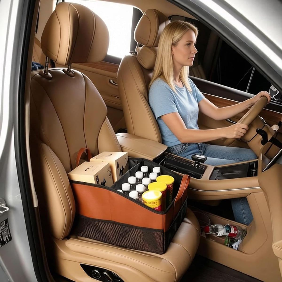 Collapsible Car Seat Organizer with 9 Compartments, Brown | Dividable Partitions, Mesh Pockets, Folds Flat Front/Back Seat & Floor Storage for SUV/Truck Travel
