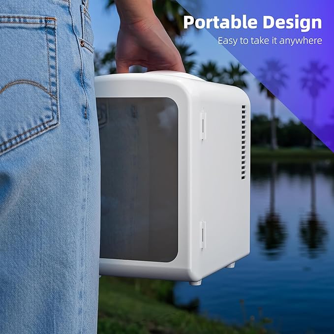 Antarctic Star Mini Compact Refrigerator with Gaming Light, 4L Capacity/6 Cans Portable Mini Fridge, for Bedroom,Car,Office and Dorm, Small Cooler for Cosmetics, Beverage and Food, White