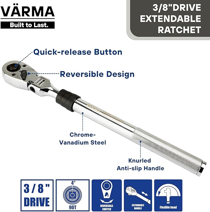 3/8" Drive Ratchet – 10–13.8" 4-Stage Extendable Handle, 90T Flex Head, Quick Release, Chrome Vanadium